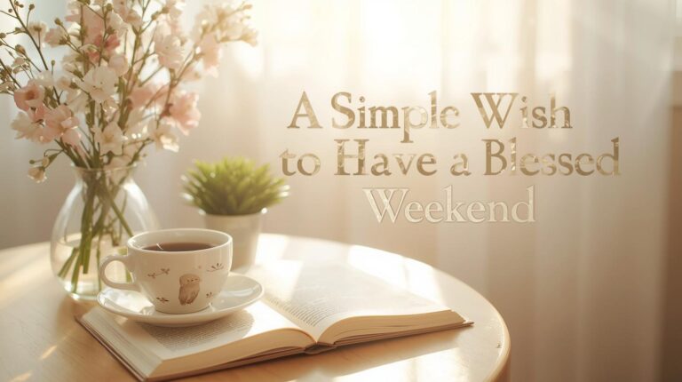 Create a high-resolution, bright, and cheerful blog header image showing a cozy weekend scene. Include a cup of coffee, an open book, and soft sunlight coming through a window. Add gentle flowers or